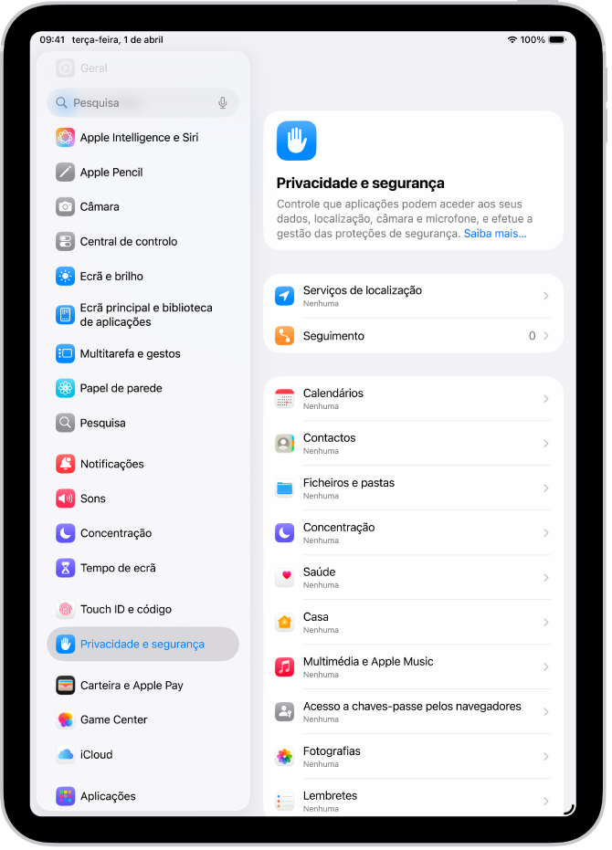 Definições dos serviços de localização nas definições de Privacidade e segurança, com definições para a partilha da localização do iPad, incluindo definições personalizadas para aplicações individuais.
