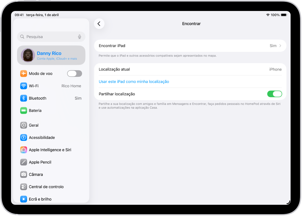 Um ecrã a mostrar as definições da aplicação Encontrar com opções para ativar “Encontrar iPad” e “Partilhar localização”.