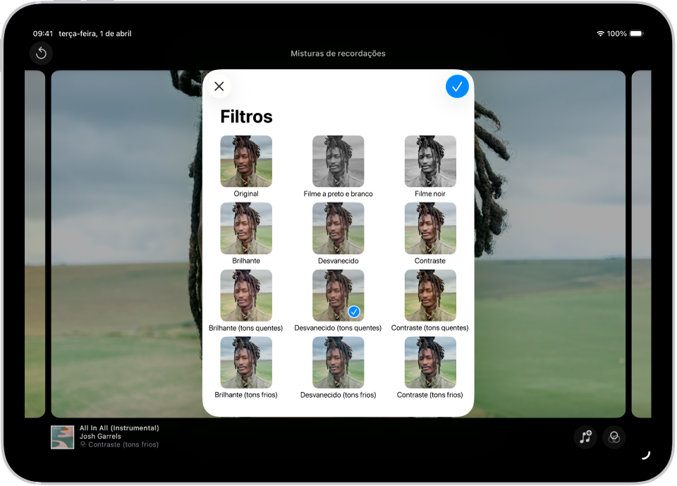 Está a ser reproduzido um vídeo de recordação e, no meio do ecrã, estão as opções para aplicar um filtro.