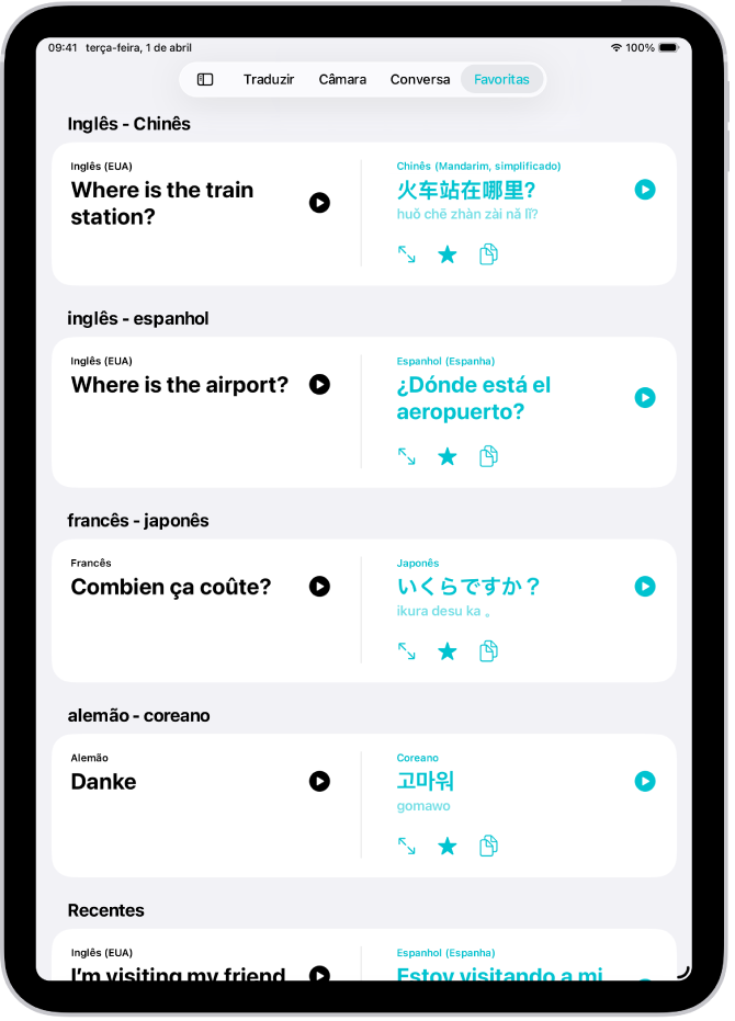 O separador Favoritos mostra as frases guardadas traduzidas para várias línguas.