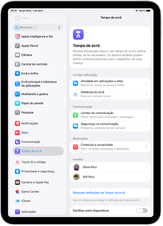 O ecrã para configurar Tempo de ecrã a mostrar que toca em “Atividade em aplicações e sites” para começar.