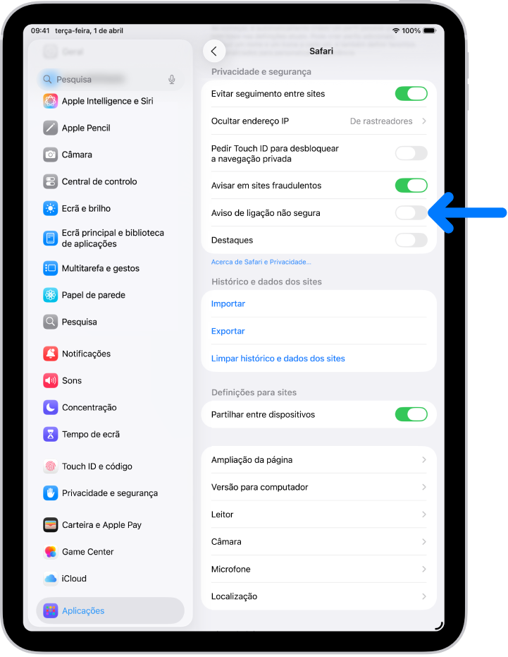 O controlo “Aviso de ligação não segura”, que se encontra em Privacidade e segurança no ecrã do Safari nas Definições.