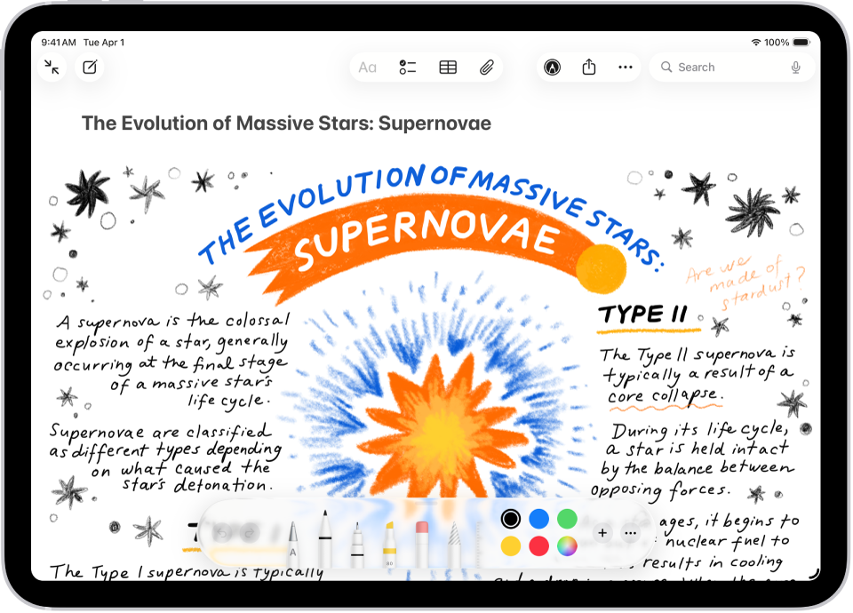 O notiță afișând un desen și instrumentele Marcaj de-a lungul părții de jos a ecranului.