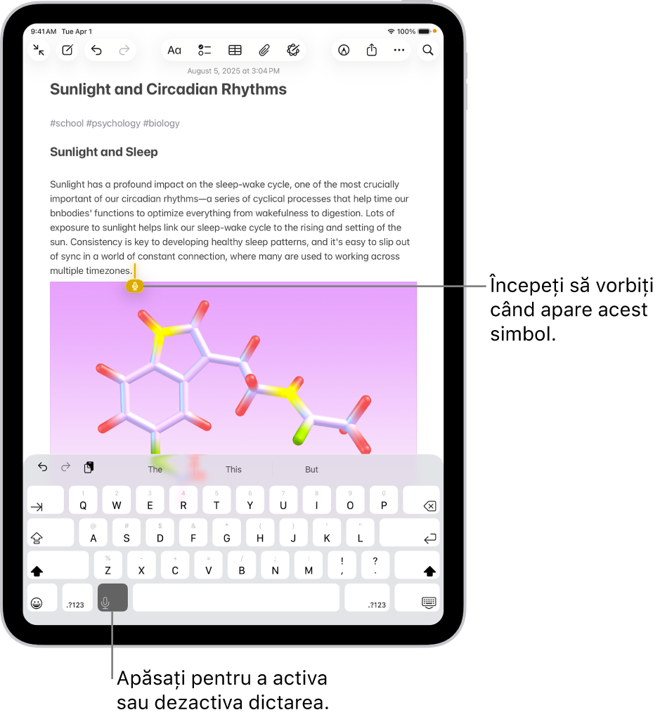 Tastatura de pe ecran este deschisă în aplicația Notițe. Butonul Dictare din partea de jos a tastaturii este selectat și apare sub punctul de inserare din câmpul de text.