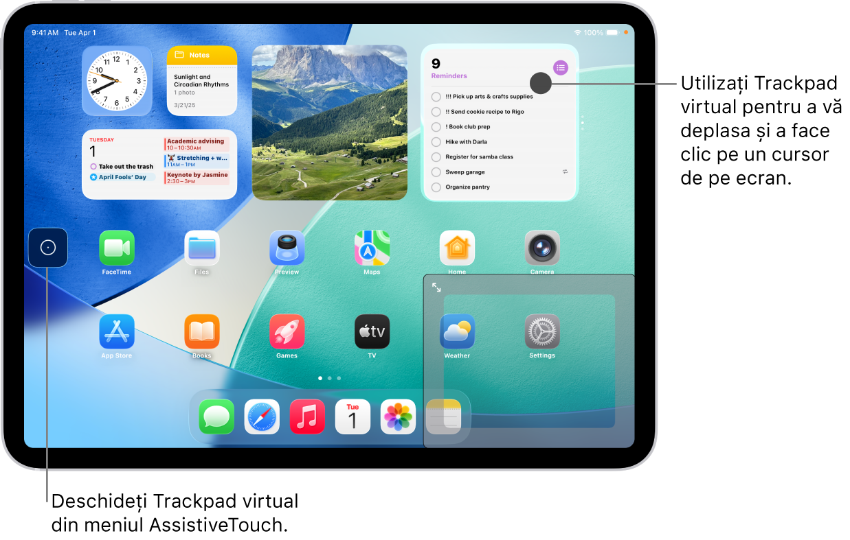 Un iPad cu un trackpad virtual afișat în colțul ecranului. Pe ecran se află și meniul AssistiveTouch (care este utilizat pentru a deschide trackpadul) și cursorul (care este controlat de trackpad).