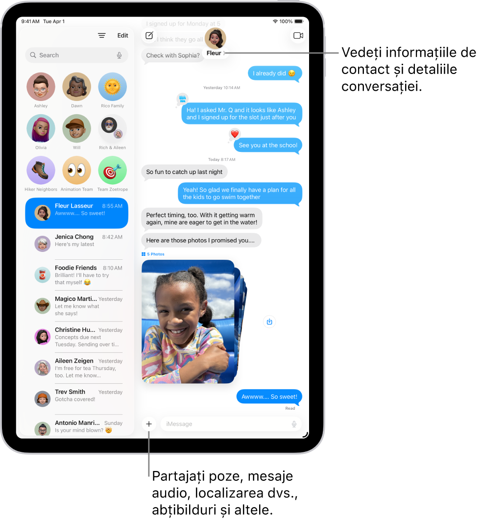 O listă de conversații Mesaje în stânga și transcrierea unei conversații în dreapta. În partea de sus, apăsarea pe pictograma contactului duce la deschiderea detaliilor conversației.