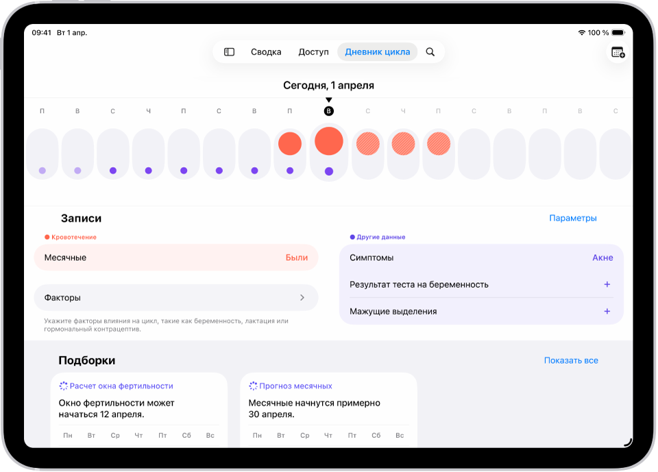 Экран Дневника цикла с временной шкалой недели в верхней части экрана. Сплошными красными кружками и фиолетовыми точками отмечены первые 5 дней на шкале. Под временной шкалой расположены параметры добавления информации о месячных, симптомах и др.