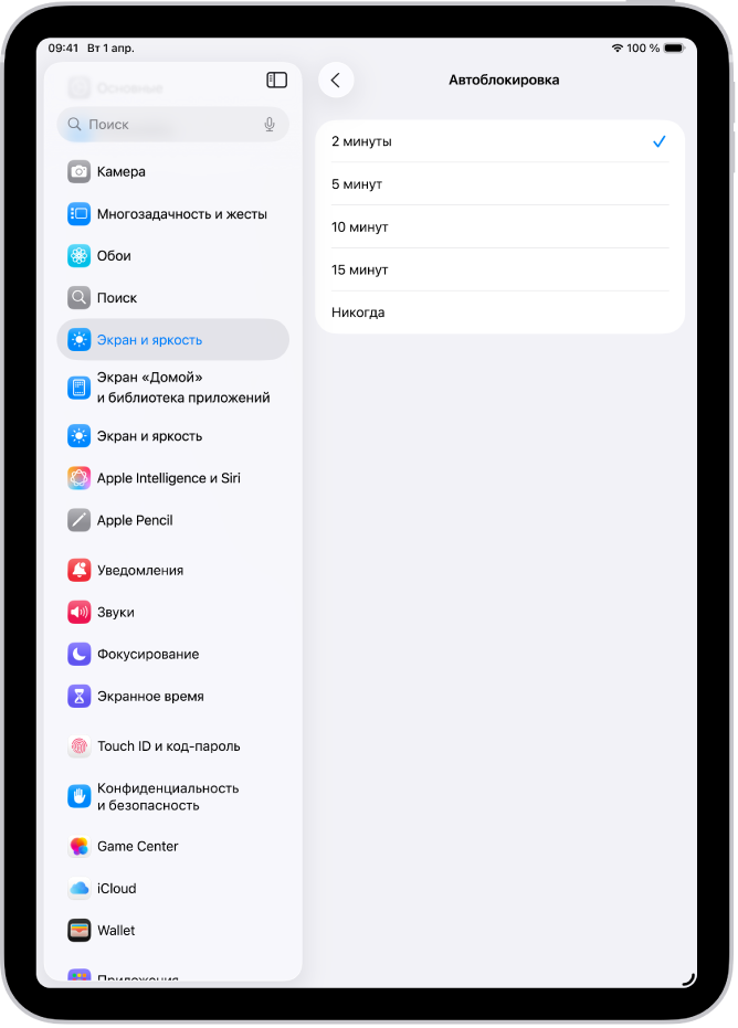 На экране автоблокировки показана настройка периода времени до автоматической блокировки iPad.