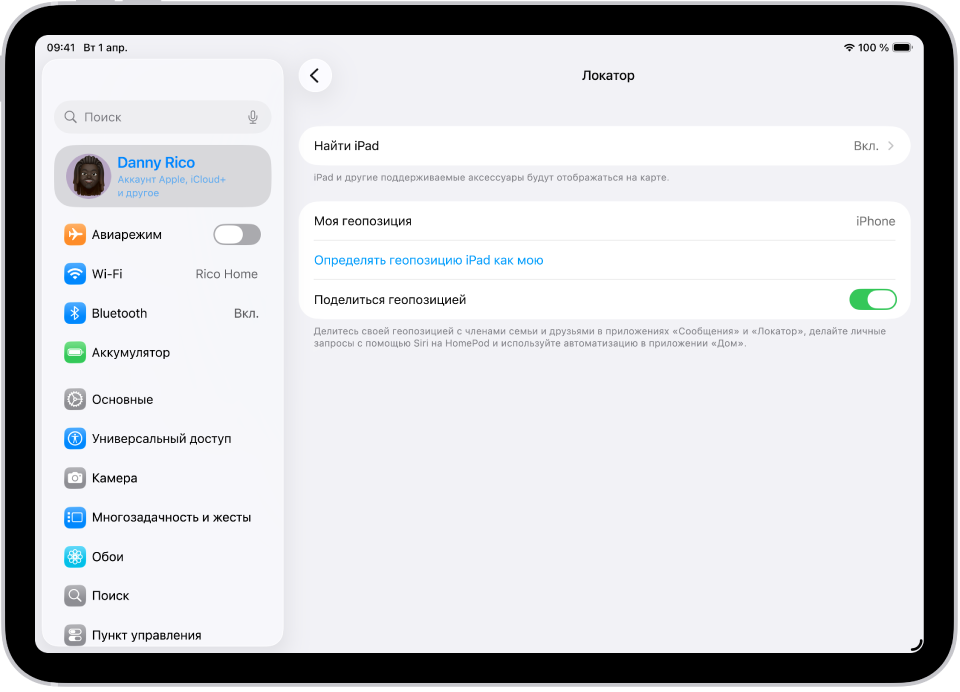 На экране отображаются настройки приложения «Локатор» с возможностью включения функций «Найти iPad» и «Делиться геопозицией».