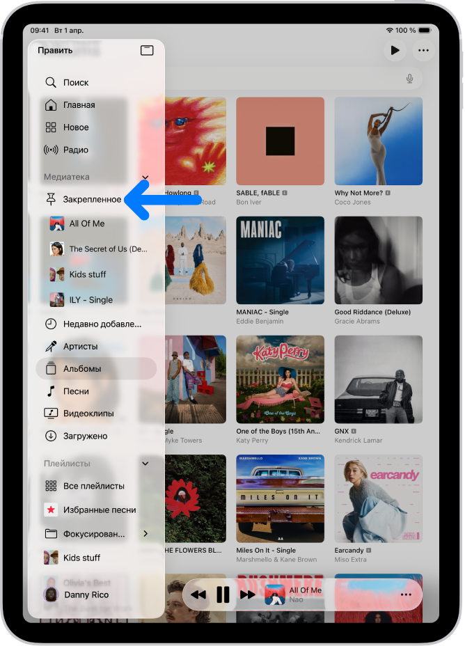 Слева в боковом меню стрелка указывает на закрепленный вверху контент: песню, альбом и плейлист. Справа отображаются альбомы. Внизу отображается мини-плеер.