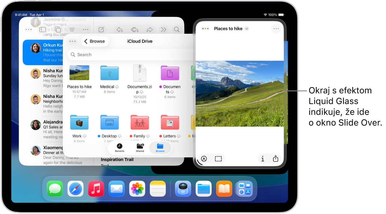 Na obrazovke sú otvorené tri okná apiek, jedno z nich v režime Slide Over, ako to ukazuje okraj v prostredí Liquid Glass.
