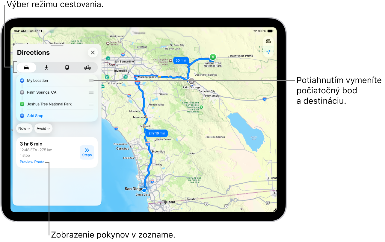 Mapa s viacerými možnými trasami pre cestu autom medzi aktuálnou polohou a cieľom.