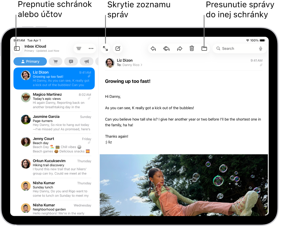 Schránka apky Mail so zoznamom emailových správ naľavo a otvoreným emailom napravo.