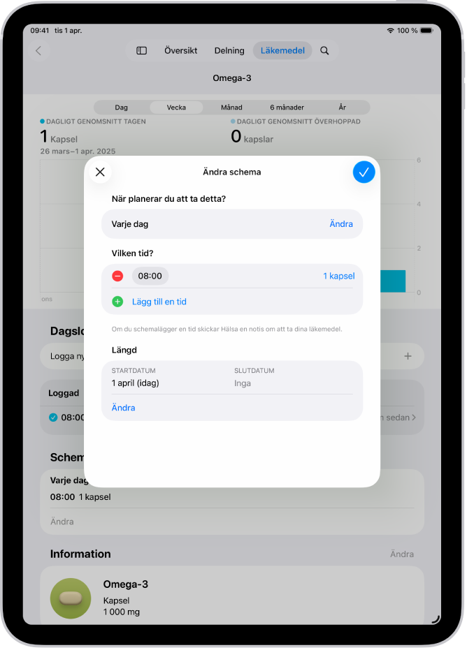 Skärmen Läkemedel i Hälsa med alternativ för att ändra schemat för ett läkemedel.