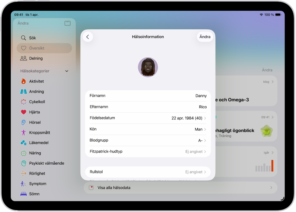Skärmen för hälsoinformation med fält för namn, födelsedatum, kön, blodgrupp och annan information.