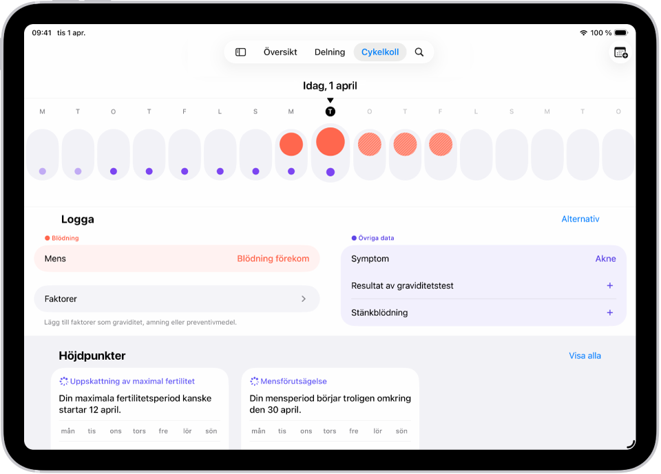 Skärmen Cykelkoll med tidslinjen för en vecka högst upp på skärmen. Fyllda röda cirklar och lila prickar visar de första fem dagarna på tidslinjen. Under tidslinjen finns alternativ för att lägga till information om menscykler, symptom och annat.