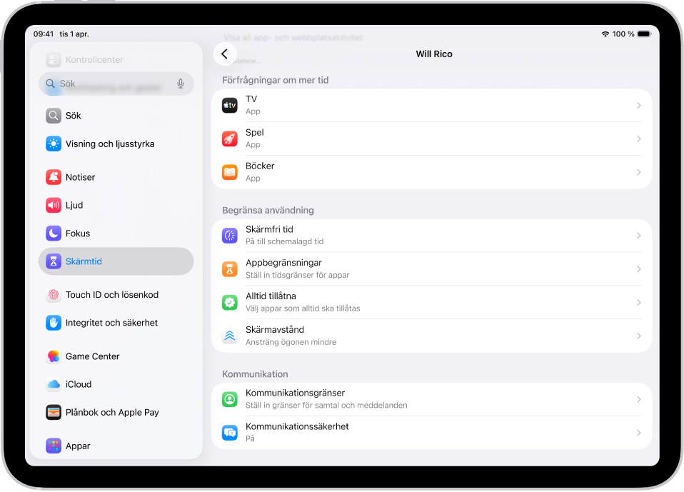 Skärmen för att barn i en familjedelningsgrupp visar ett avsnitt för Be om mer tid-förfrågningar.