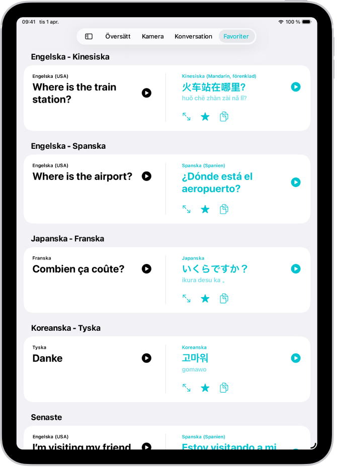 Fliken Favoriter visas sparade fraser som översatts till olika språk.