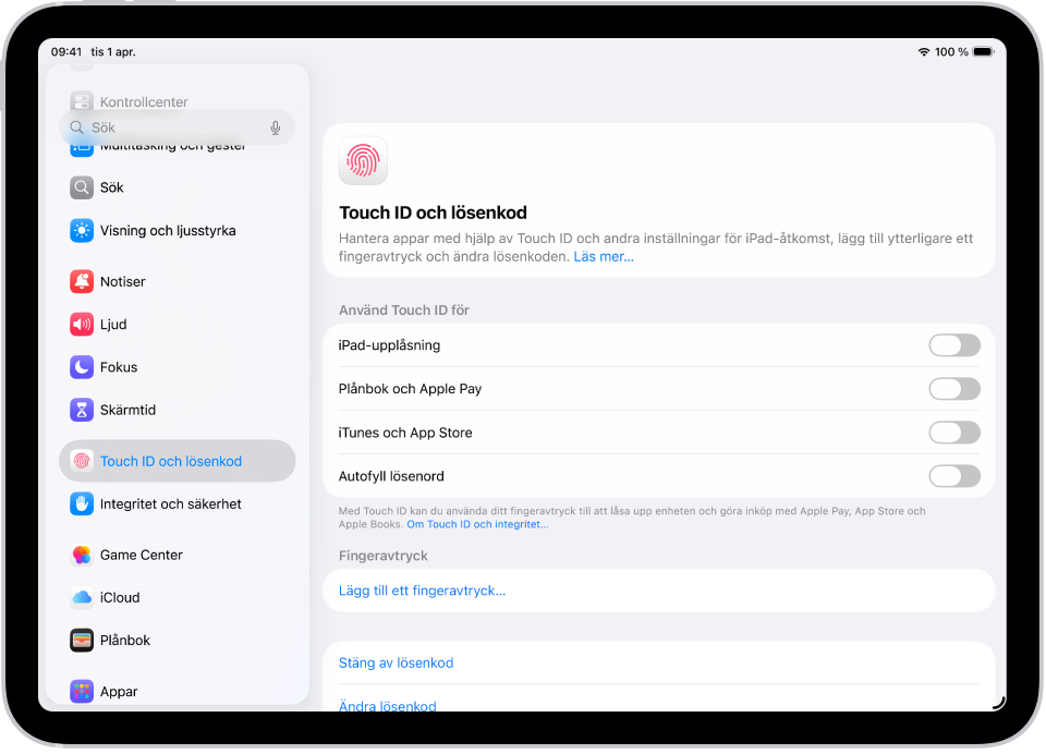 En skärm visar inställningar för Touch ID och lösenkod med alternativ för att lägga till ett fingeravtryck och slå på lösenkod.