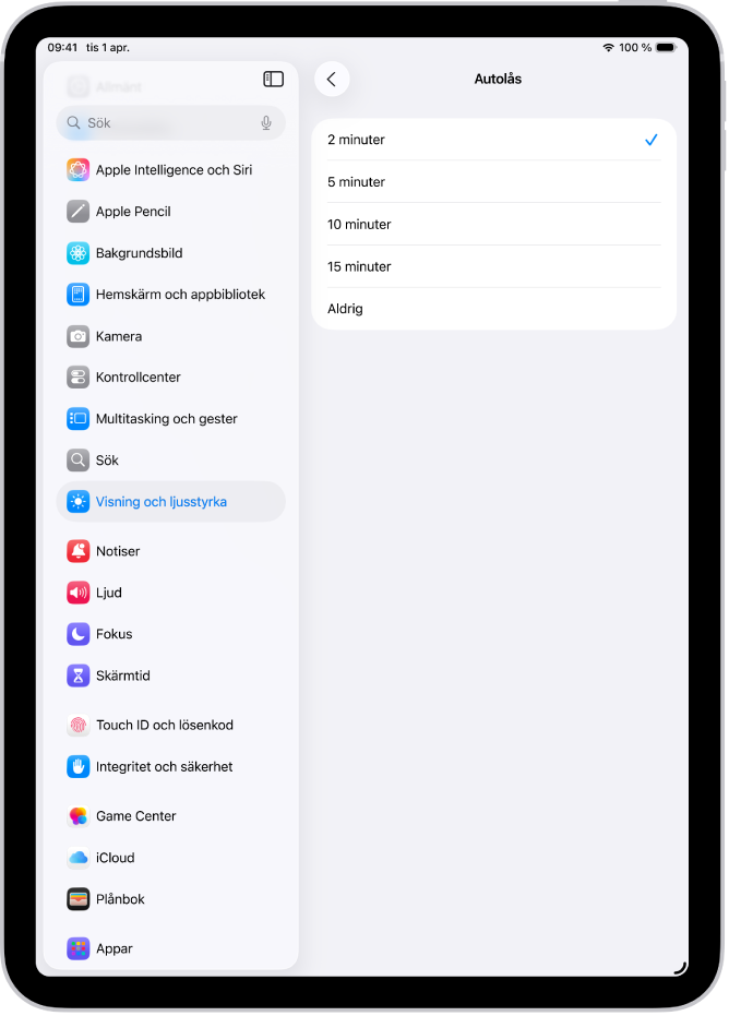 Skärmen för Autolås med inställningar för hur lång tid det tar innan iPad ska låsas automatiskt.