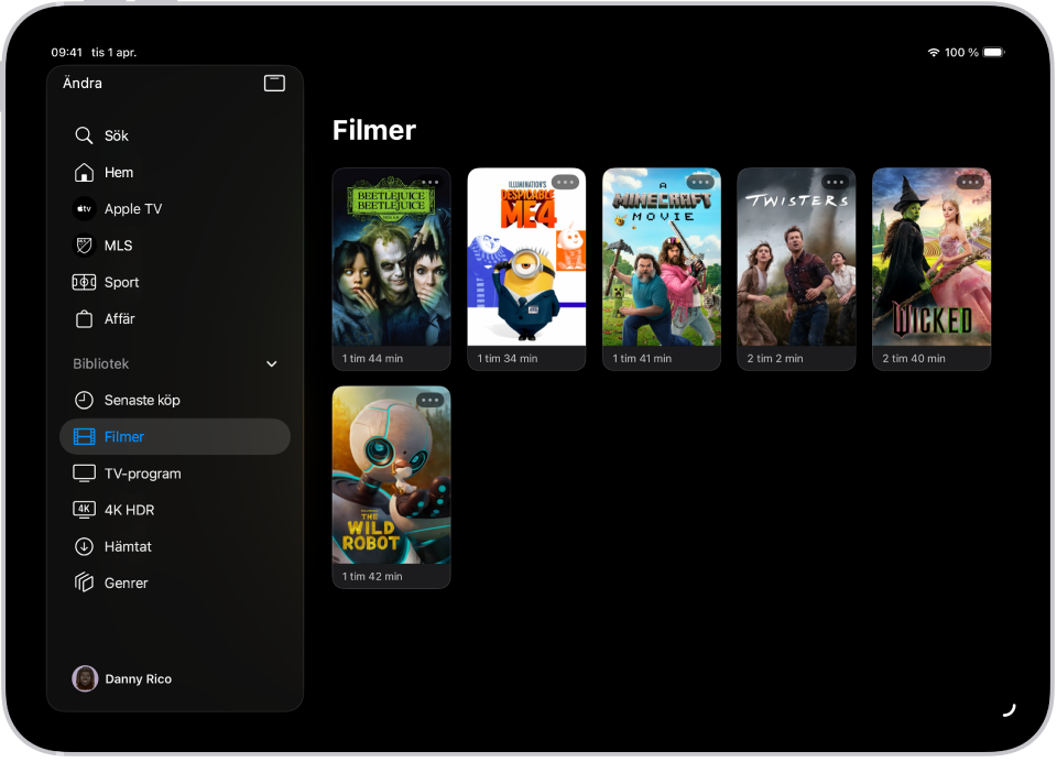 En iPad visar en lista med filmer i avsnittet Filmer på fliken Bibliotek.