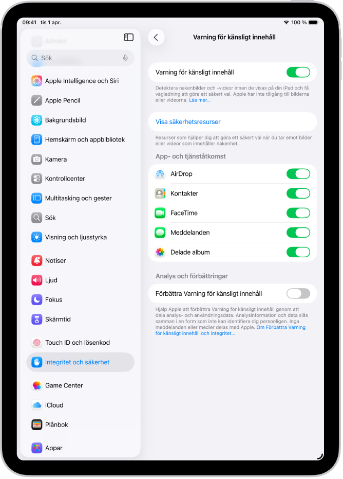 Inställningarna för Varning för känsligt innehåll med en knapp märkt med ”Visa säkerhetsresurser” och en knapp märkt med ”Förbättra Varning för känsligt innehåll” för att dela analys- och användningsdata med Apple.