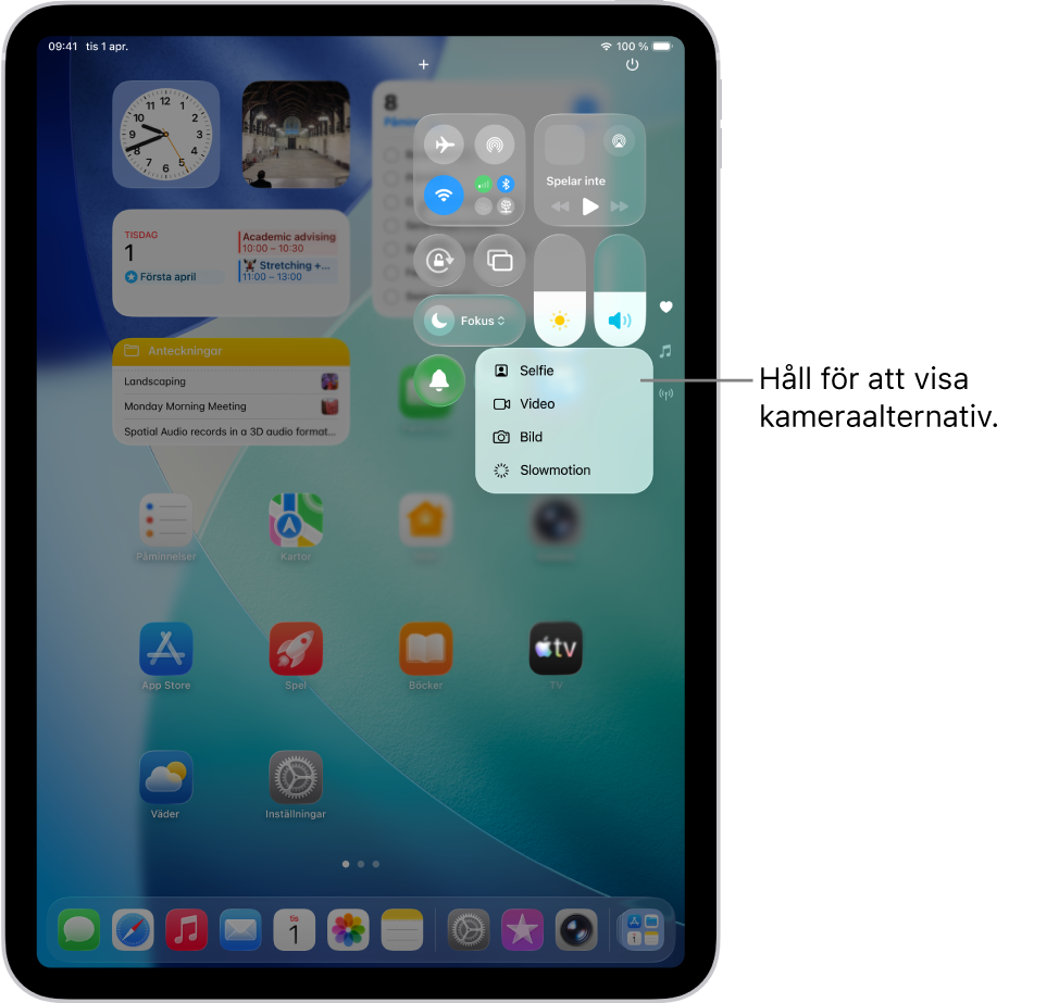 En skärm som visar de extra kameraalternativ som är tillgängliga i Kontrollcenter när du håller på kamerareglaget. Alternativen är Selfie, Video, Bild och Slowmotion.