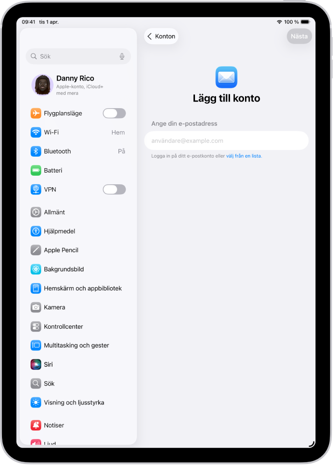 Skärmen Lägg till konto visar ett fält för att ange din e-postadress.