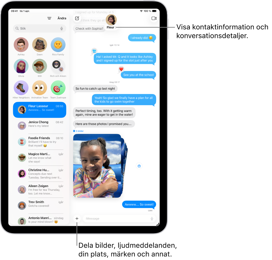 En konversationslista i Meddelanden finns till vänster och en konversationstranskribering till höger. Om du trycker på kontaktsymbolen högst upp öppnas konversationsdetaljer.