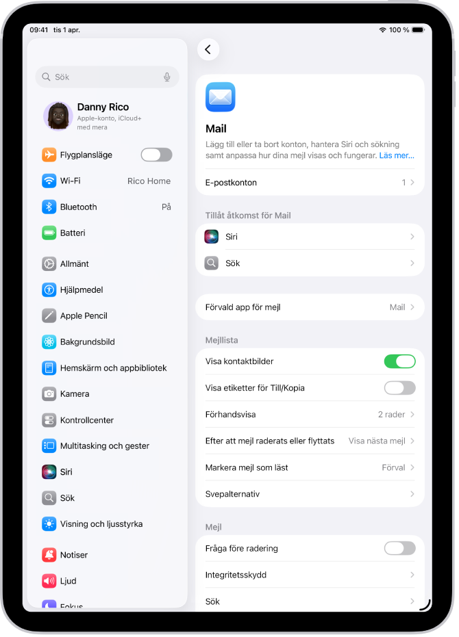 Mail-inställningsskärmen.