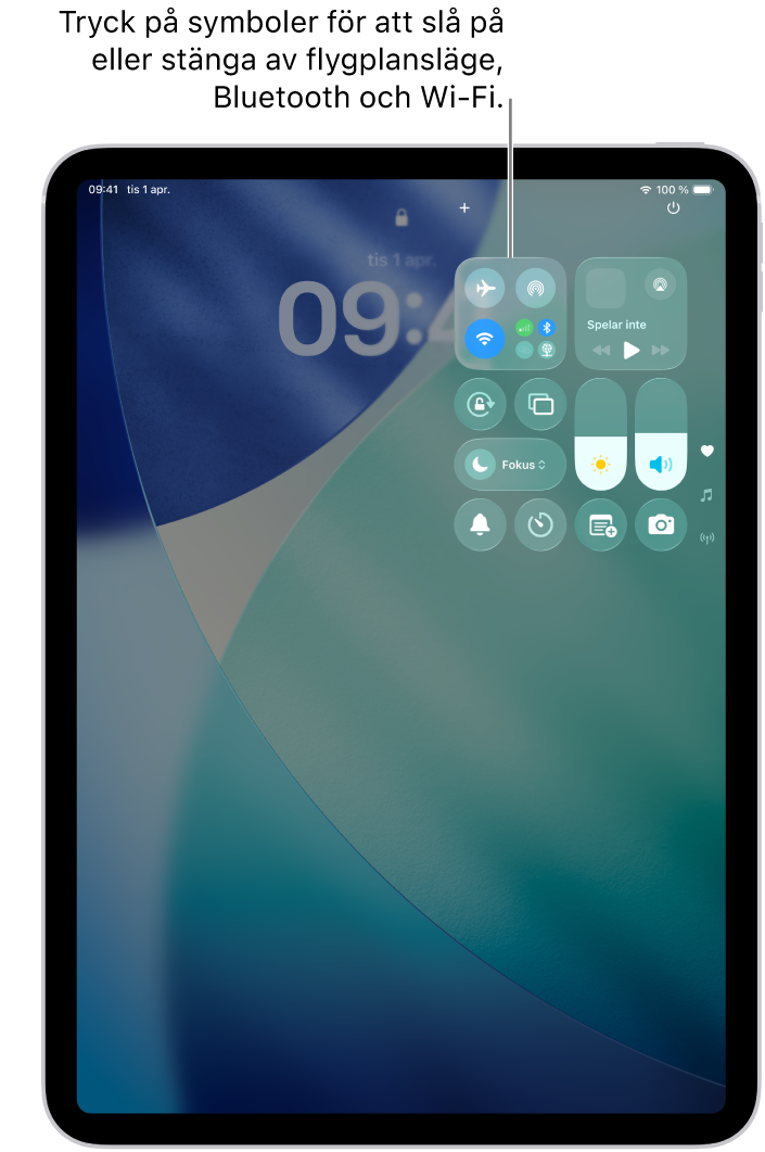 Skärmen Kontrollcenter som visar att ett tryck på knappen överst till vänster aktiverar flygplansläge.