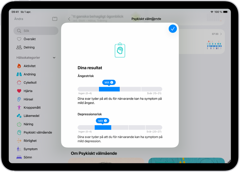 En skärm i appen Hälsa med resultat från en självskattning om psykisk hälsa.