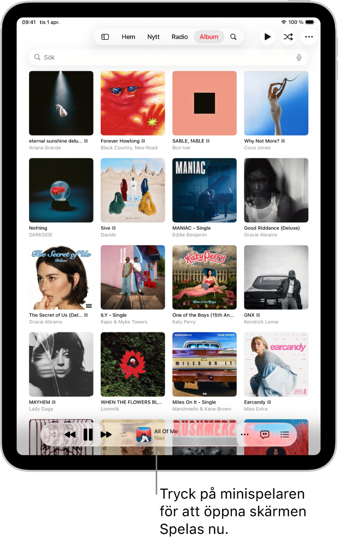 Fliken Album med minispelaren nästan längst ned. I minispelaren visas titeln på den låt som spelas.