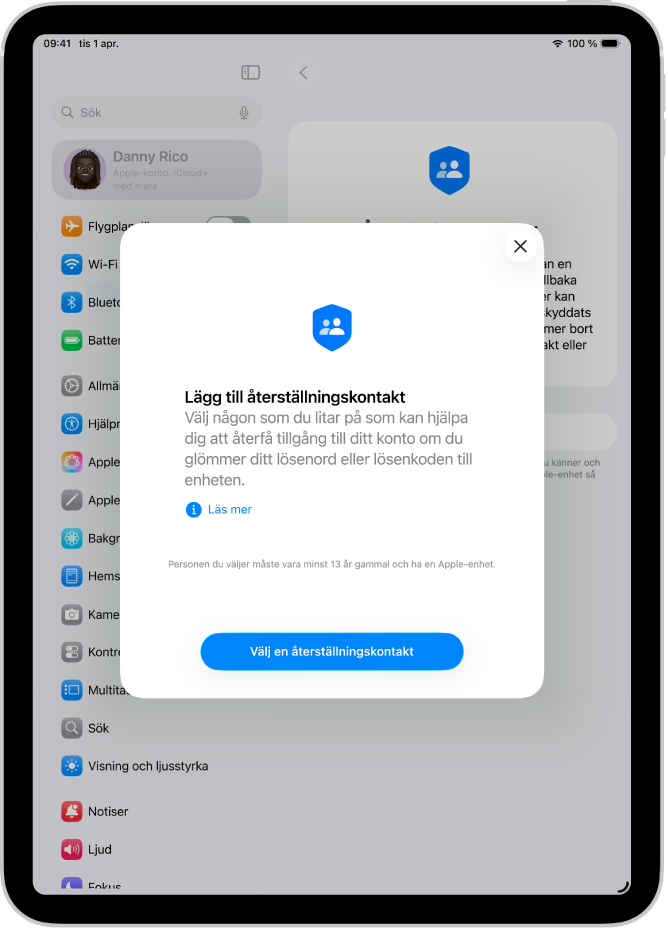 Skärmen Kontakt för kontoåterställning med information om funktionen. Knappen Lägg till återställningskontakt finns längst ned.