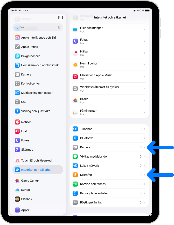 Skärmen Integritet och säkerhet med inställningar för att styra vilka appar som kan använda kameran, mikrofonen och andra delar av iPad.