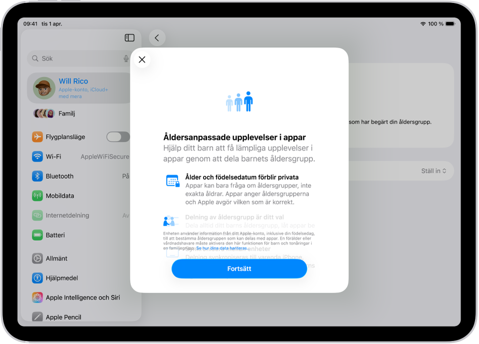 Skärmen Inställningar på iPad visar inställningen Åldersanpassade upplevelser i appar. Den förklarar hur du hjälper barn att få appupplevelser som passas deras ålder genom att dela deras åldersgrupp.