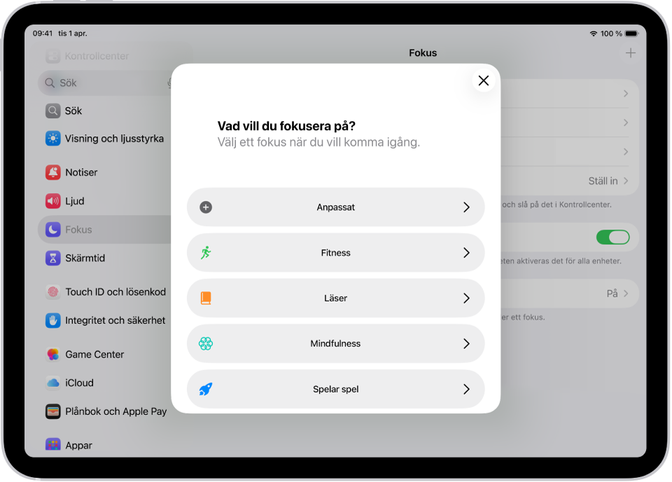 En fokusinställningsskärm för de tillhandahållna fokusalternativen, inklusive Anpassat, Fitness, Spelar spel, Mindfulness och Läser.