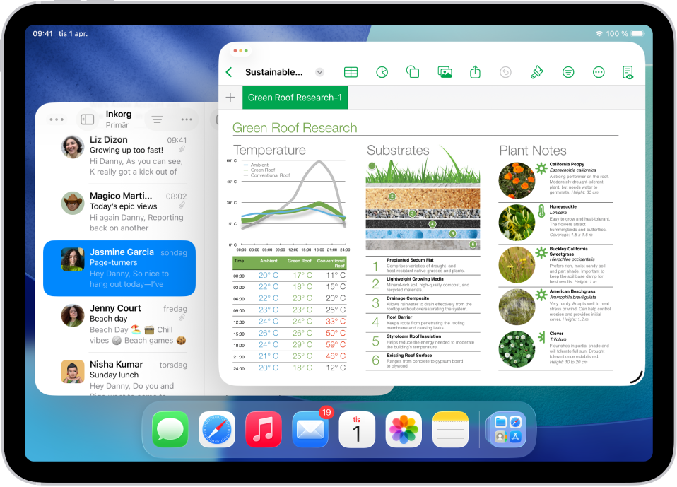 En iPad-skärm med tre öppna appar och en vald fönsterlayout som ordnar dem i tredjedelar på skärmen.