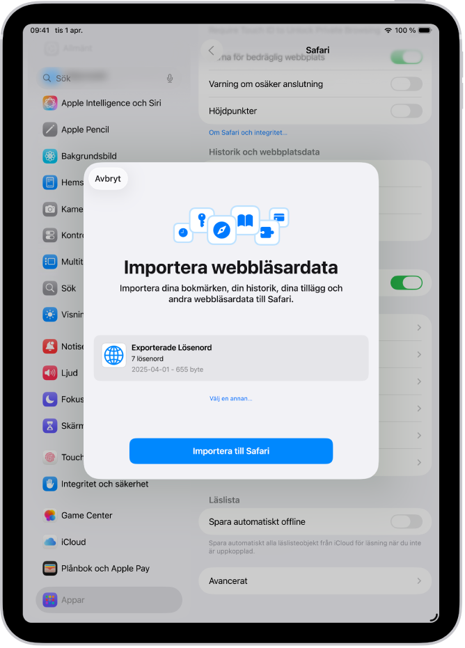 Skärmen Importera surfdata visar CSV-filen med lösenorden från en annan lösenordshanterare som ska importeras.