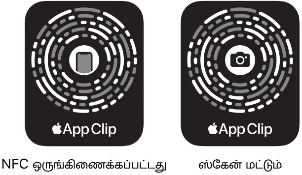 இடதுபக்கத்தில், மையத்தில் iPhone ஐகானுடன் NFC ஒருங்கிணைக்கப்பட்ட செயலி கிளிப் குறியீடு உள்ளது. வலதுபக்கத்தில், மையத்தில் கேமரா ஐகானுடன் ஸ்கேன் மட்டும் செயலி கிளிப் குறியீடு உள்ளது.