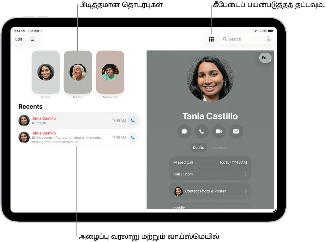 ஃபோன் செயலியின் திரையின் இடதுபுறத்தில் பிடித்தமான தொடர்புகள் காட்டப்பட்டுள்ளன. “பிடித்தவை” என்பதற்குக் கீழே, சமீபத்திய அழைப்புகள் மற்றும் வாய்ஸ்மெயில்களின் பட்டியல் உள்ளது. திரையின் வலதுபுறத்தில் தொடர்புத் தகவலும், திரையின் மேல் வலதுபுறத்தில் கீபேடு பட்டனும் காட்டப்பட்டுள்ளது.