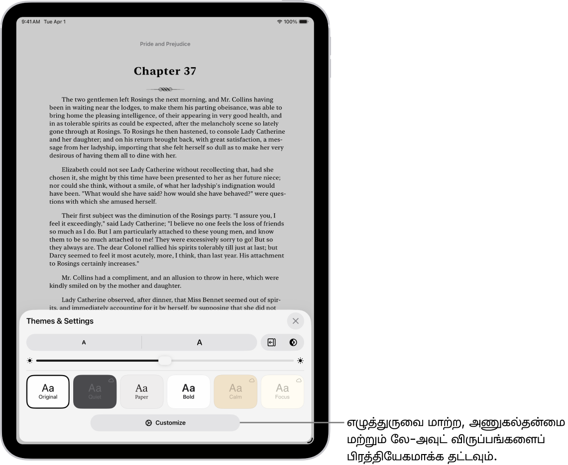 புத்தகங்கள் செயலியில் உள்ள புத்தகத்தின் ஒரு பக்கம். எழுத்துரு அளவு, ஸ்க்ராலிங் காட்சி, பக்கத்தை திருப்பும் ஸ்டைல், ஒளிர்வு, எழுத்துரு ஸ்டைல்கள் ஆகியவற்றுக்கான கட்டுப்பாடுகளை “தீம்கள் & அமைப்புகள்” விருப்பங்கள் காட்டும்.