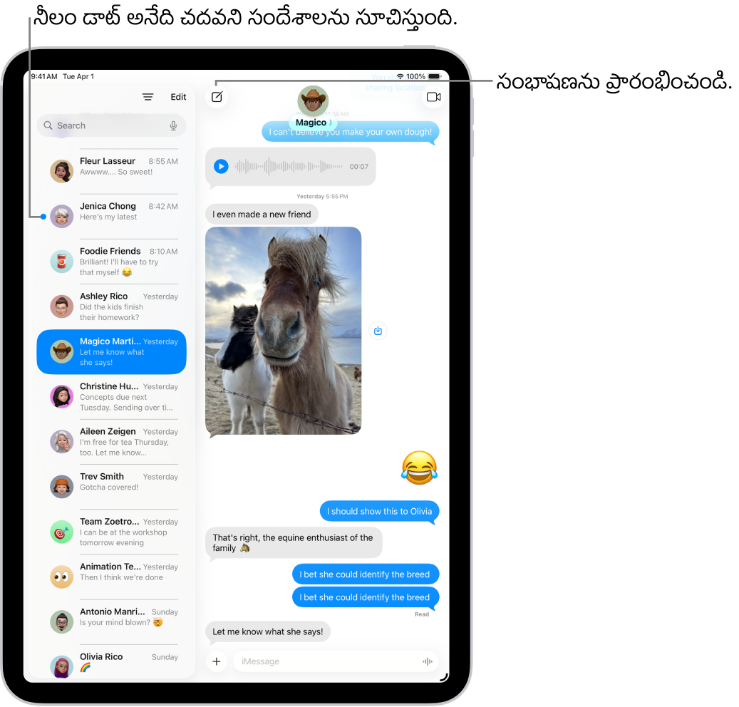 ఎడమవైపున సందేశాల సంభాషణల జాబితా, కుడివైపున సంభాషణ ట్రాన్‌స్క్రిప్ట్. చదవని సందేశాలు నీలిరంగు చుక్కతో గుర్తించబడతాయి.