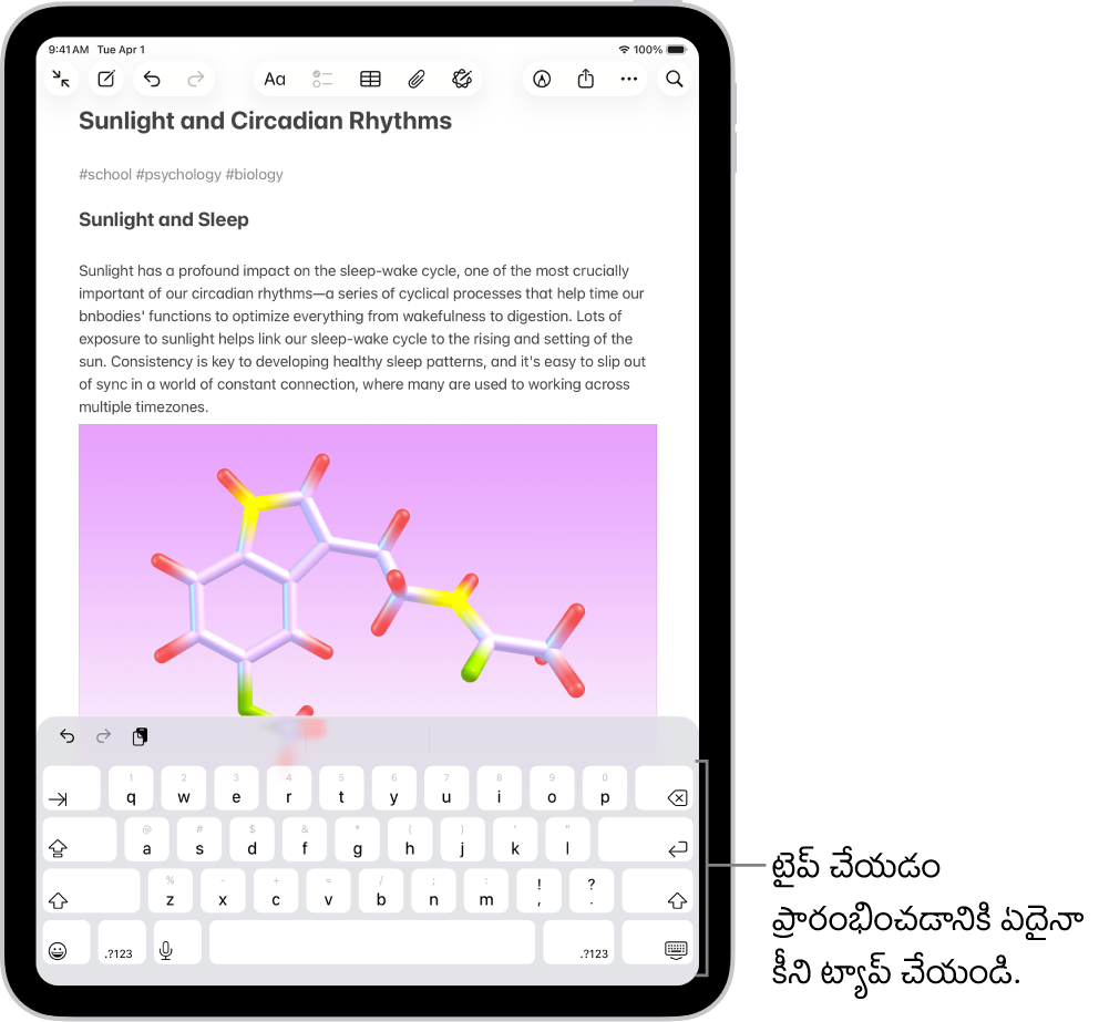 నోట్స్ యాప్‌లో డాక్యుమెంట్ తెరవబడింది. స్క్రీన్‌పై కనిపించే కీబోర్డ్ స్క్రీన్ దిగువ భాగంలో ఉంది.