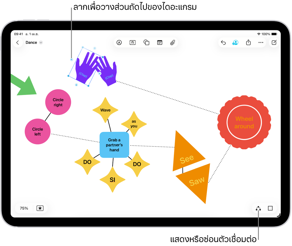 ไดอะแกรมบนบอร์ด Freeform ที่มีจุดเชื่อมต่อแสดงอยู่บนรูปร่างที่เลือก