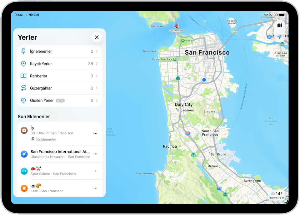 Harita’daki Yerler ekranı, İğnelenenler, Kayıtlı Yerler ve Rehberler gibi yer kategorilerinin bir listesini gösteriyor. Bunun altında, Son Eklenenler bölümü görüntülenen konumları listeliyor.