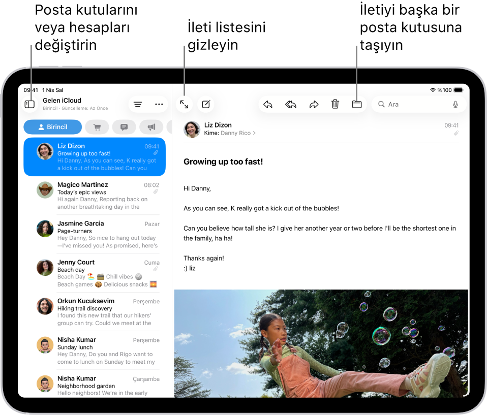 Solda e-posta listesi ve sağda açık bir e-posta ile Mail’in Gelen Kutusu.