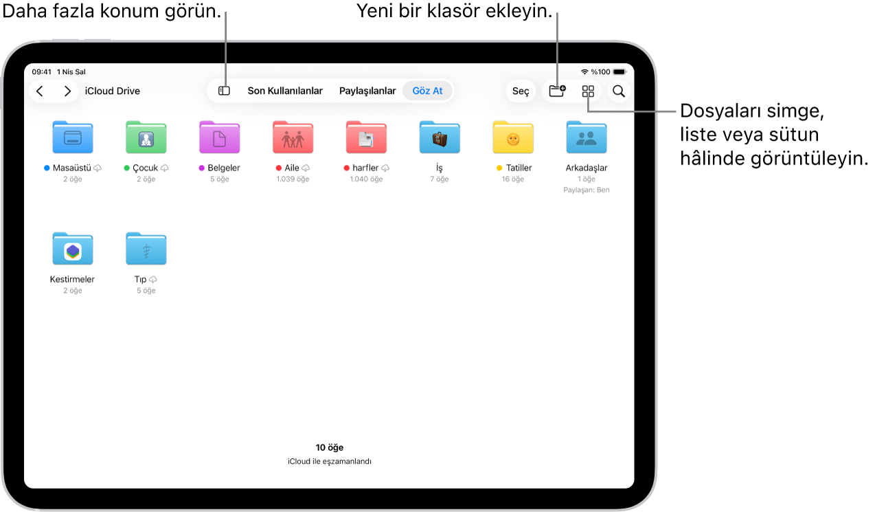 Dosyalar uygulamasında birden fazla klasör ve İndirilenler, Mektuplar, Aile ve benzeri konumlar görüntüleniyor. Ekranın en altında Son dosyalar, Paylaşılan dosyalar ve Göz At Sekmesi düğmeleri var.