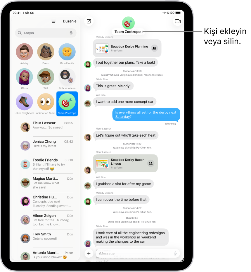 iPad’deki Mesajlar’da bir grup yazışması. Solda, iğnelenmiş bir yazışma, konuşma listesinden seçilmiş. Sağda, paylaşılan dosyaları içeren bir yazışma dökümü bulunuyor.