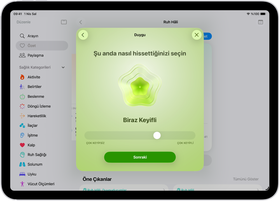 Şu anki duygudurumu Biraz Keyifli olarak belirleyen Sağlık uygulamasında bir ekran. Ekranın en altında, duygu düzeyini ayarlama sürgüsü var.